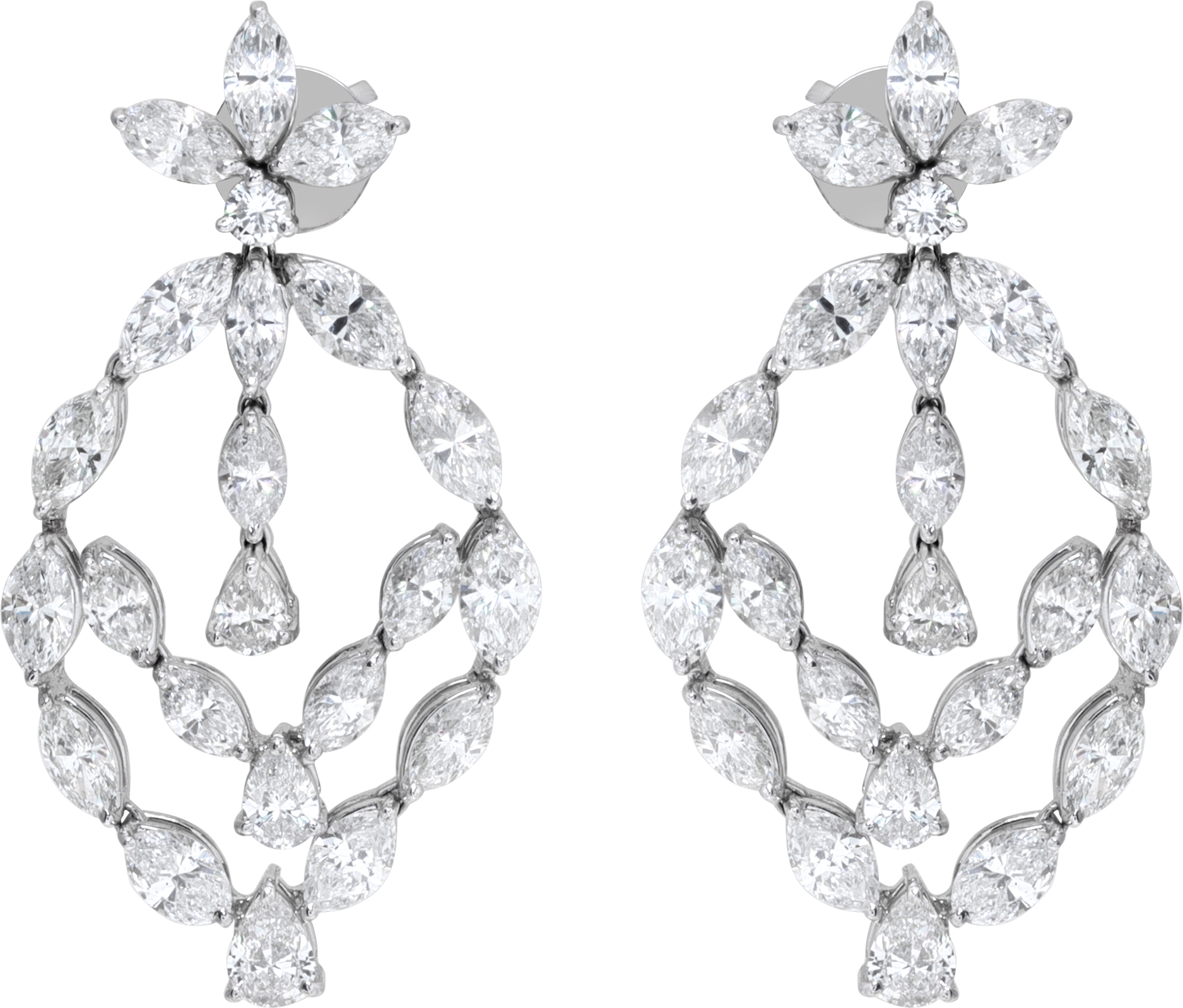 Brilliant cut marquise and pear shape diamond earrings in 18k white gold.Total Approx. weight: 13.08 carats.