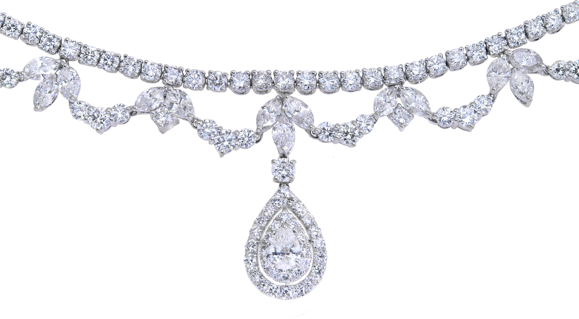 Collerette Diamond Necklace In 18k White Gold. Round, Pear, Marquise, Brilliant Diamonds Total Approx. Weight: 30.5 Carats