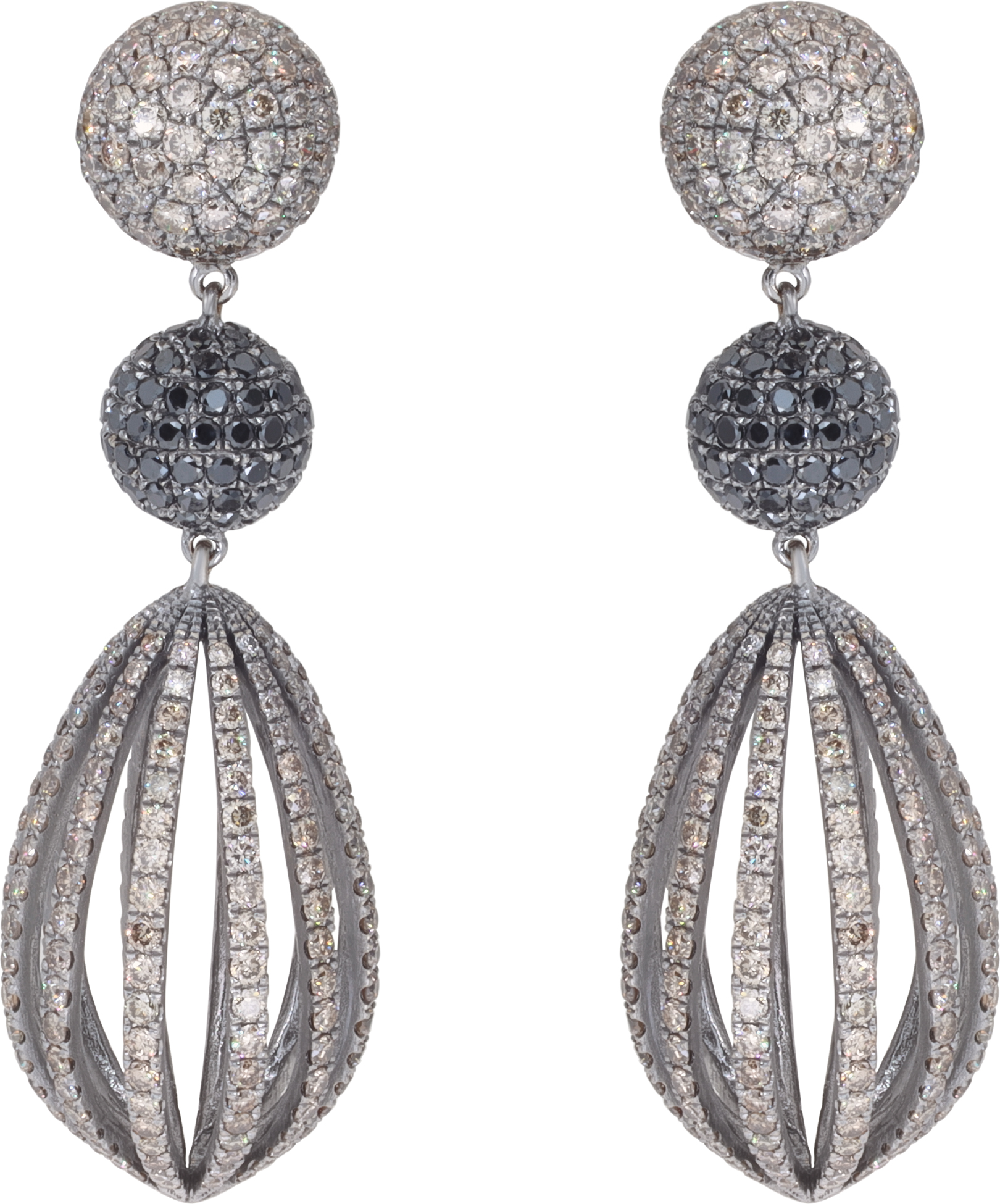 Champagne and black pave diamond bird cage earrings.