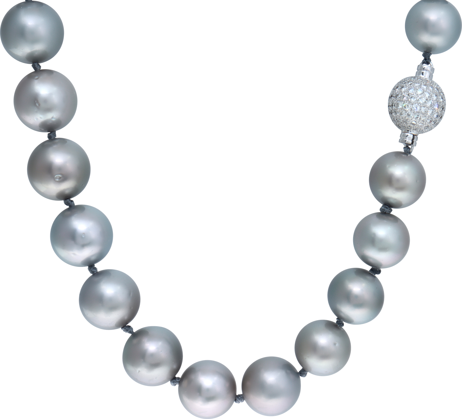 South sea pearl necklace with 13.5 to 15.5 mm silver/gray pearls