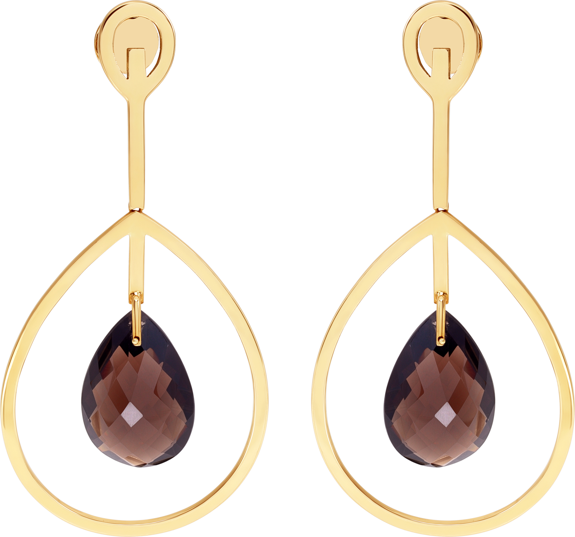 Smokey topaz earrings framed with a large pear shape hoop of 18k yellow gold