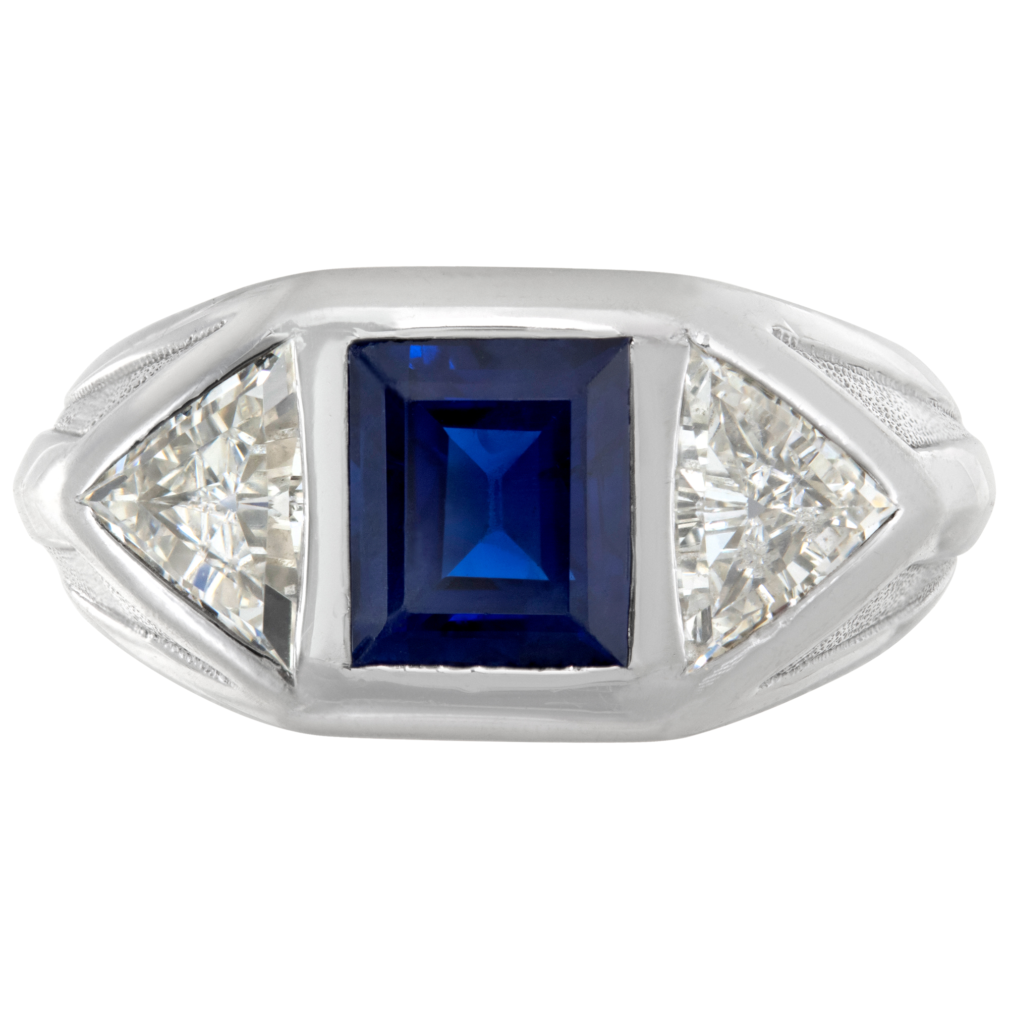 AGL Certified Sapphire ring in platinum with 2 trillon cut diamonds  (approximately 0.60 carats each)